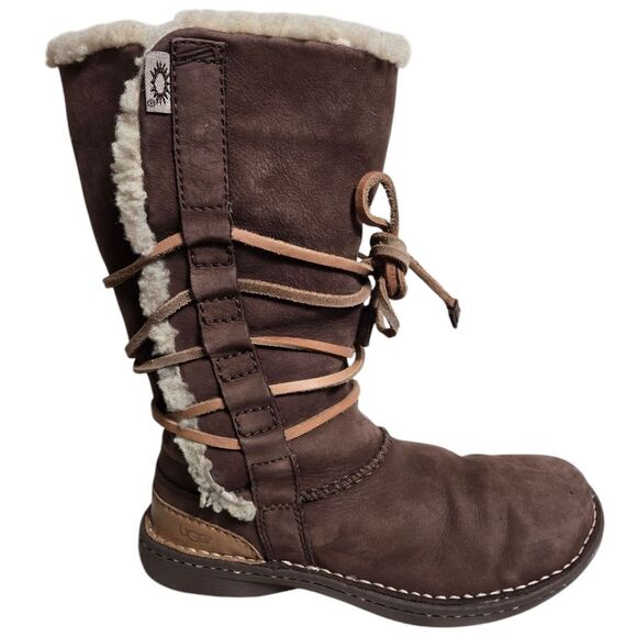 UGG Shoes - UGG Brown Sherpa Lined Leather Lace Up Boots